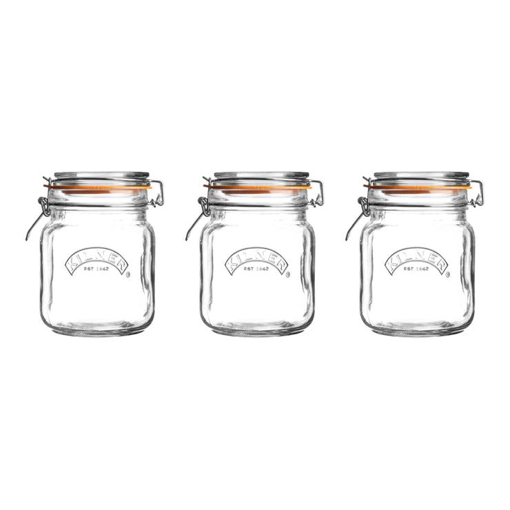Kilner Set of 3 Clip Top Square Jar 1 Litre Storage Jars