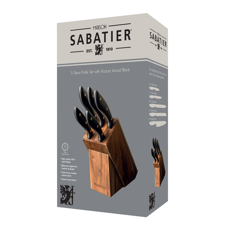 Professional Sabatier 5 Piece Kitchen Knife Set & Acacia Wood Block