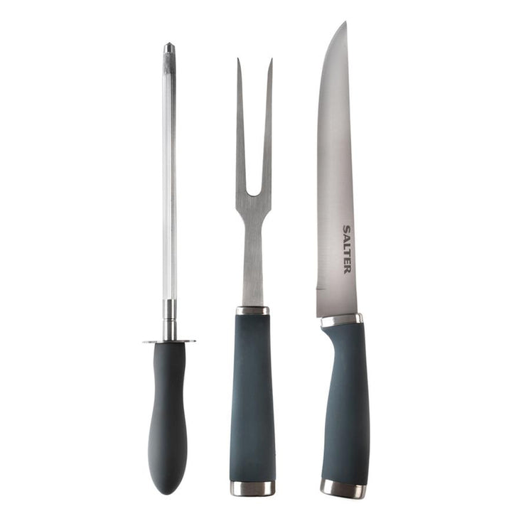 Salter 3 Piece Stainless Steel Meat Carving Set with Knife Fork and Sharpener